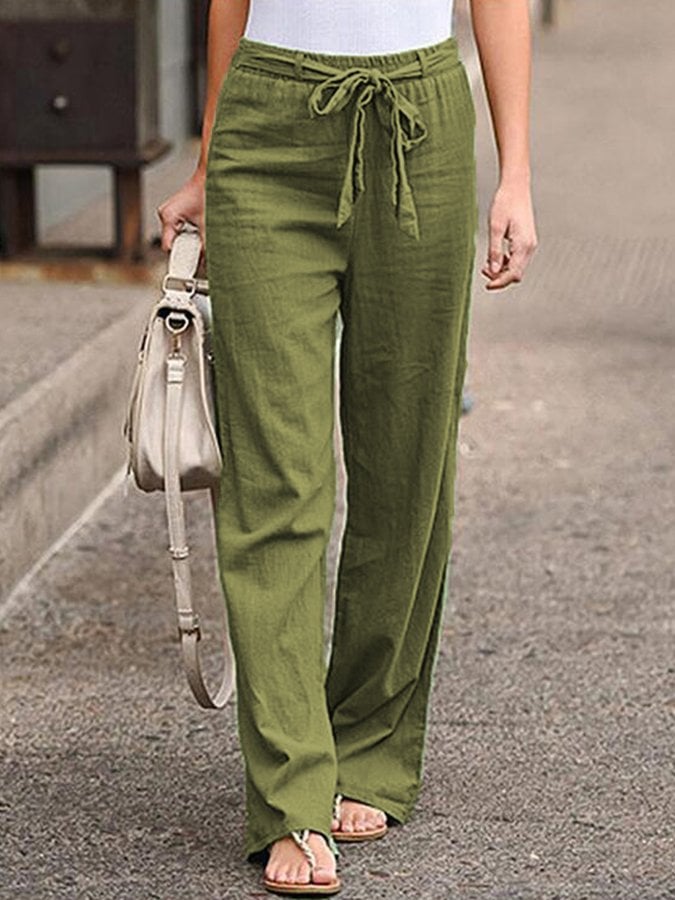 Women's Elastic Waist Solid Color Cotton Linen Loose Trousers