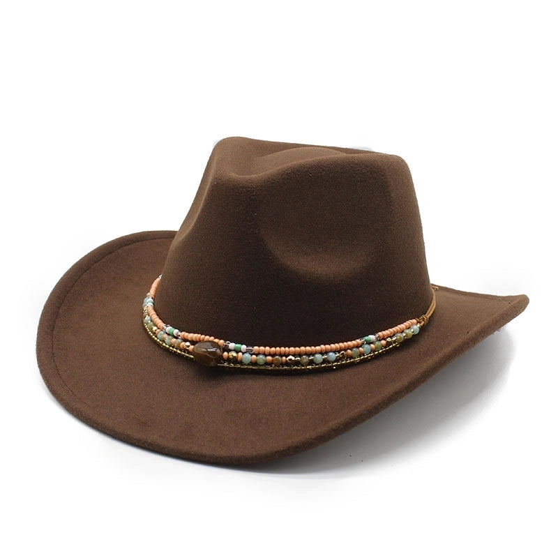 New Curling Cowboy Hat Western Ethnic Style Tibetan Felt Hat Colorful Bead Rope Accessories Knight Hat Fashion