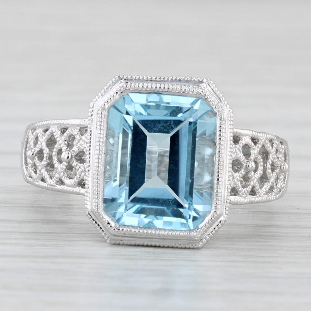 6.45ct Blue Topaz Solitaire Filigree Ring 14k White Gold Size 7