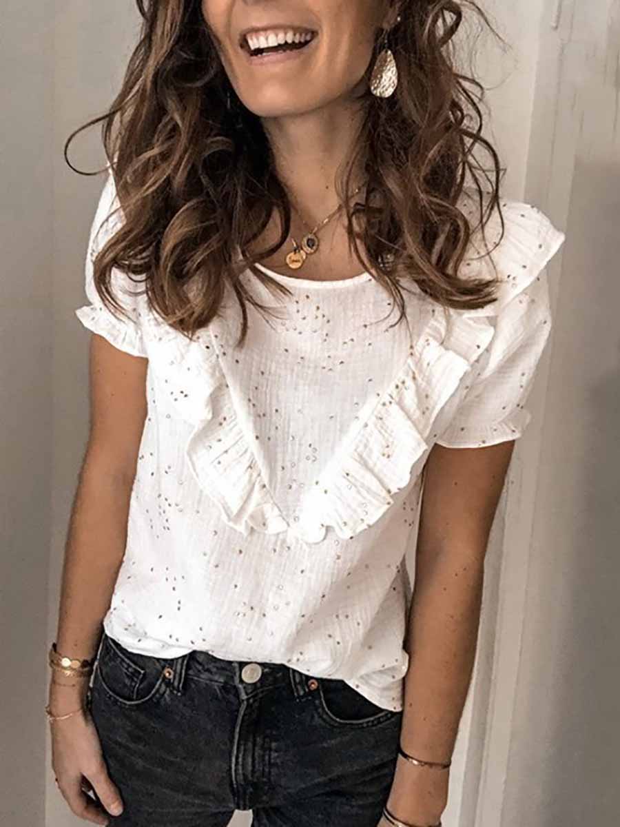 Short Sleeve Floral Lace Round Neck Casual Wear T-Shirt