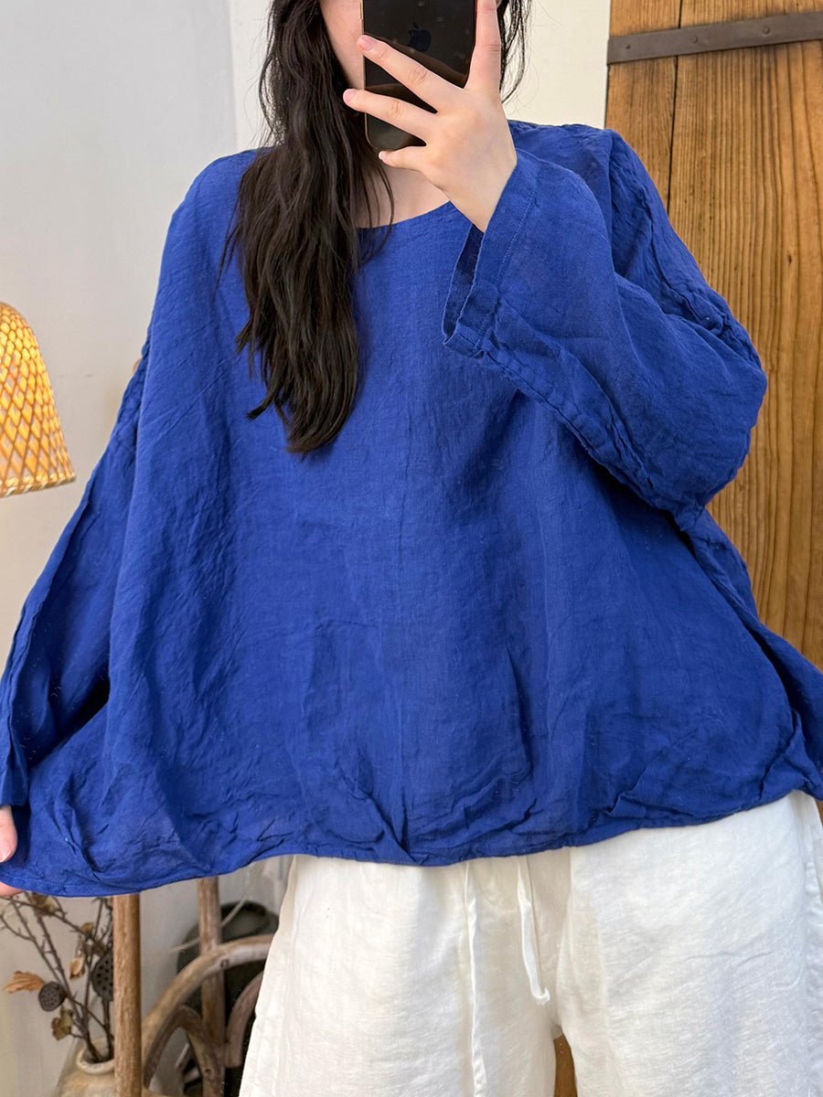 Women Summer Casual Pure Color O-Neck Linen Shirt