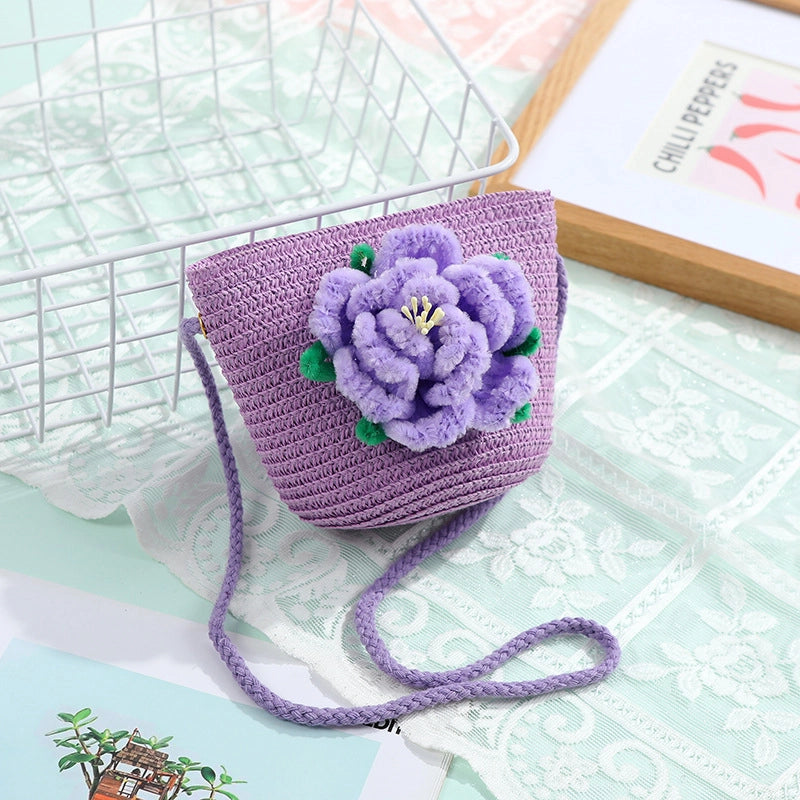 Women's Small Straw Solid Color Flower Vacation Beach Weave Round Zipper Straw Bag