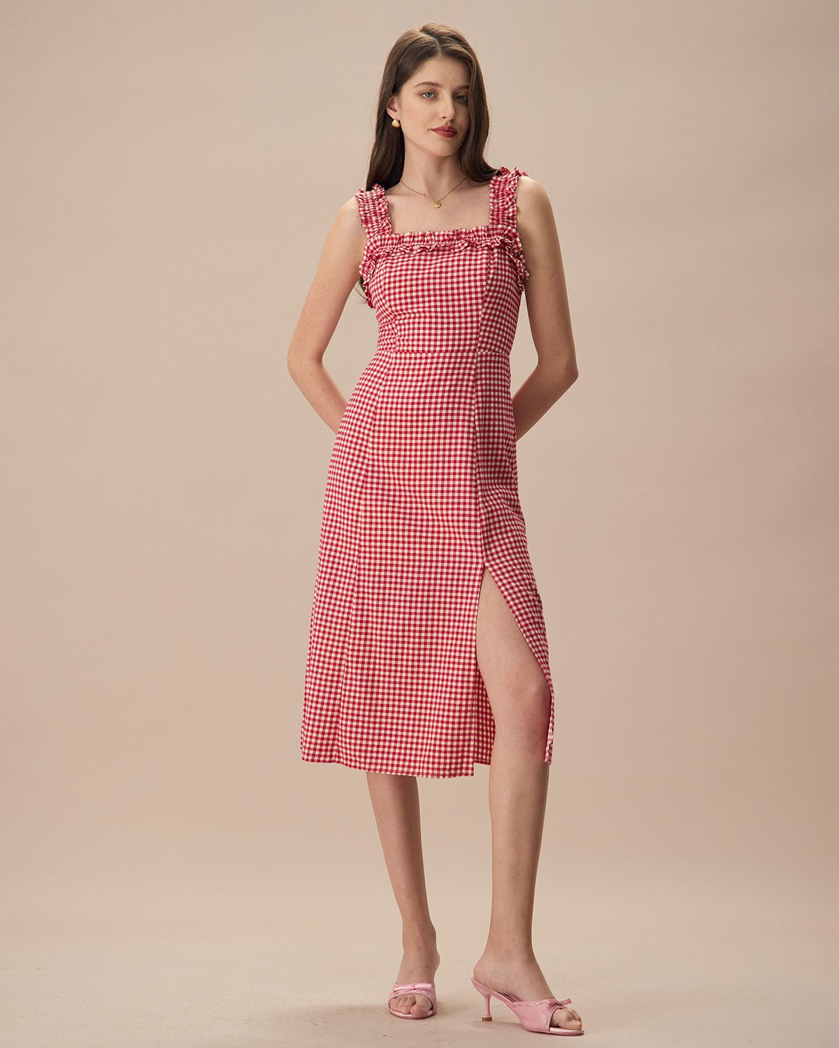 The Red Square Neck Plaid Cotton Midi Dress