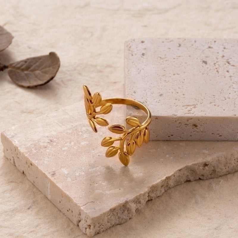 INS Style Minimalist Leaf Solid Color 304 Stainless Steel Plating Hollow Out Open Ring
