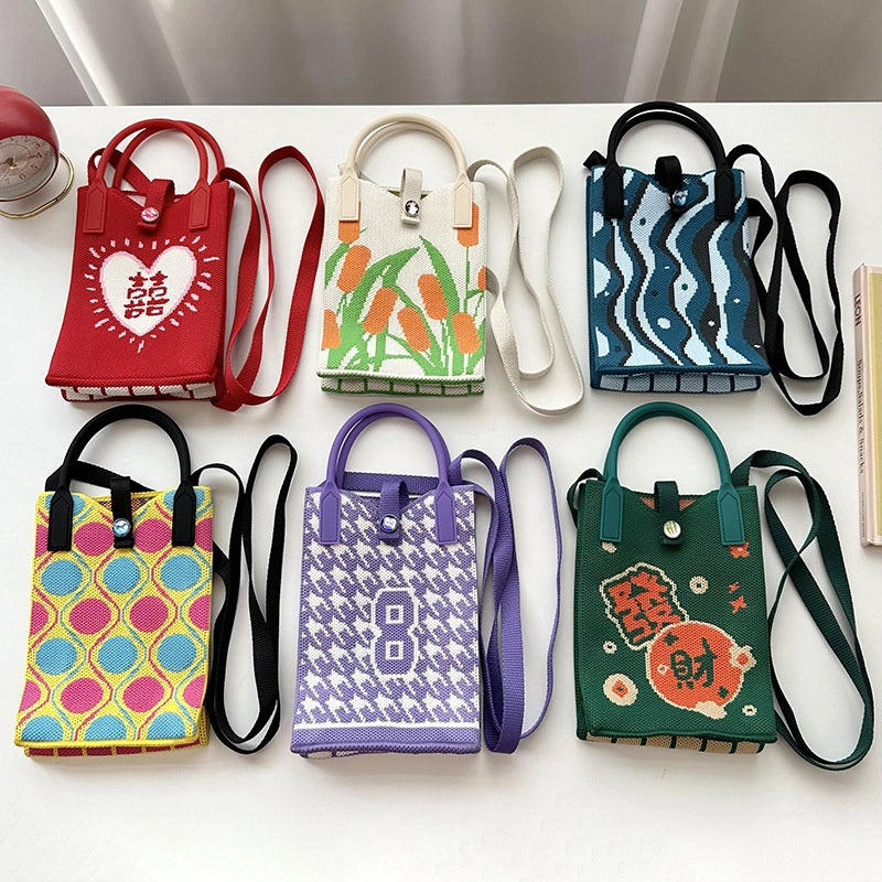 Unisex Small Knit Stripe Heart Shape Basic Vintage Style Weave Square Lock Clasp Phone Wallets