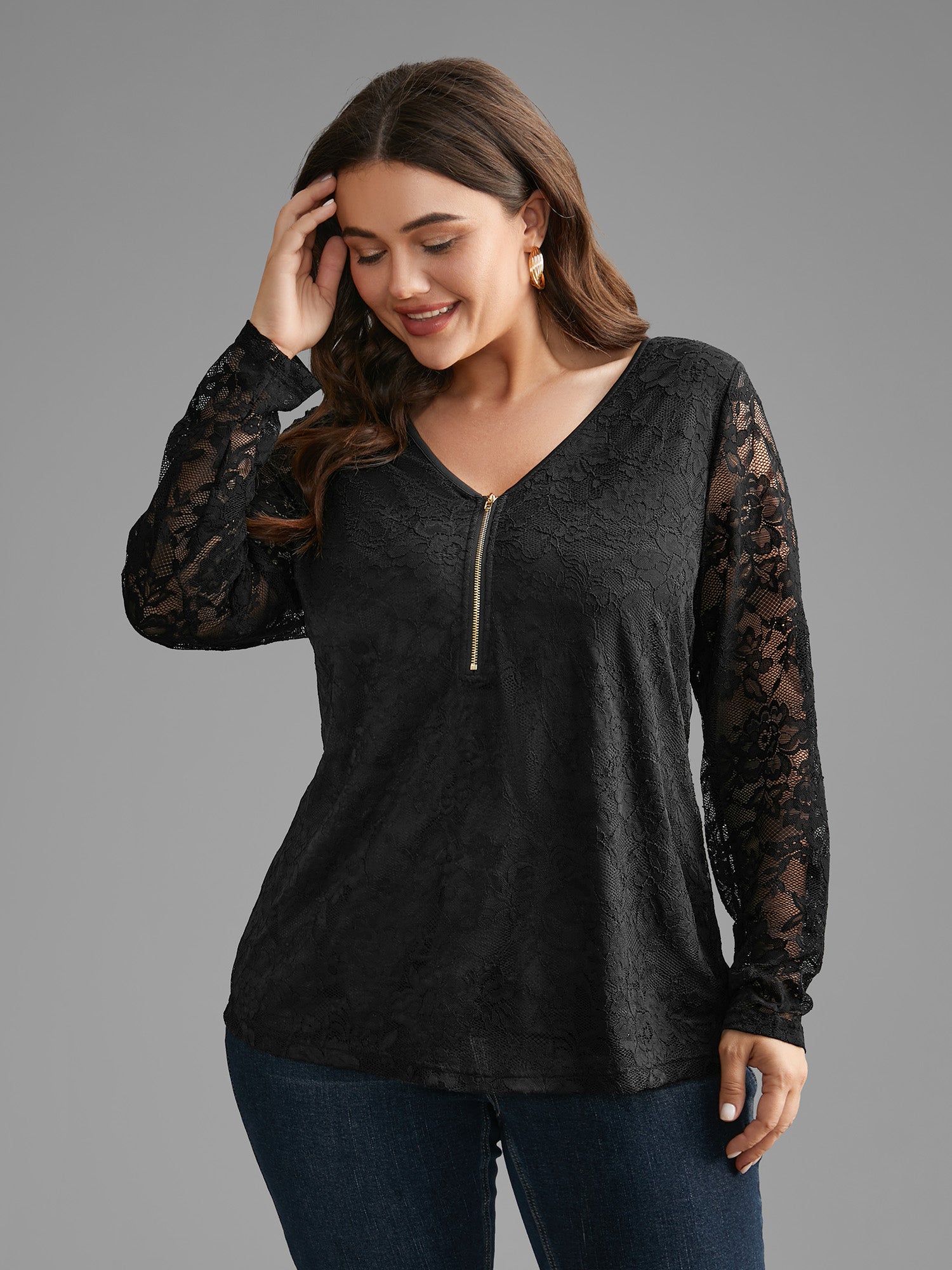 Lace Patchwork Half Zip Jersey Top