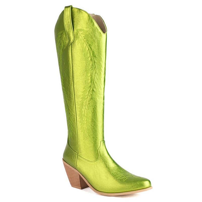 Metallic Sheen Jacquard V Groove Chunky Heels Knee High Boots