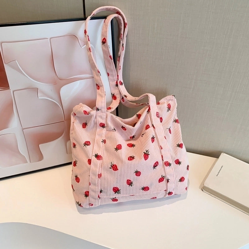Women's Large Corduroy Strawberry Cute Square Zipper Shoulder Bag
