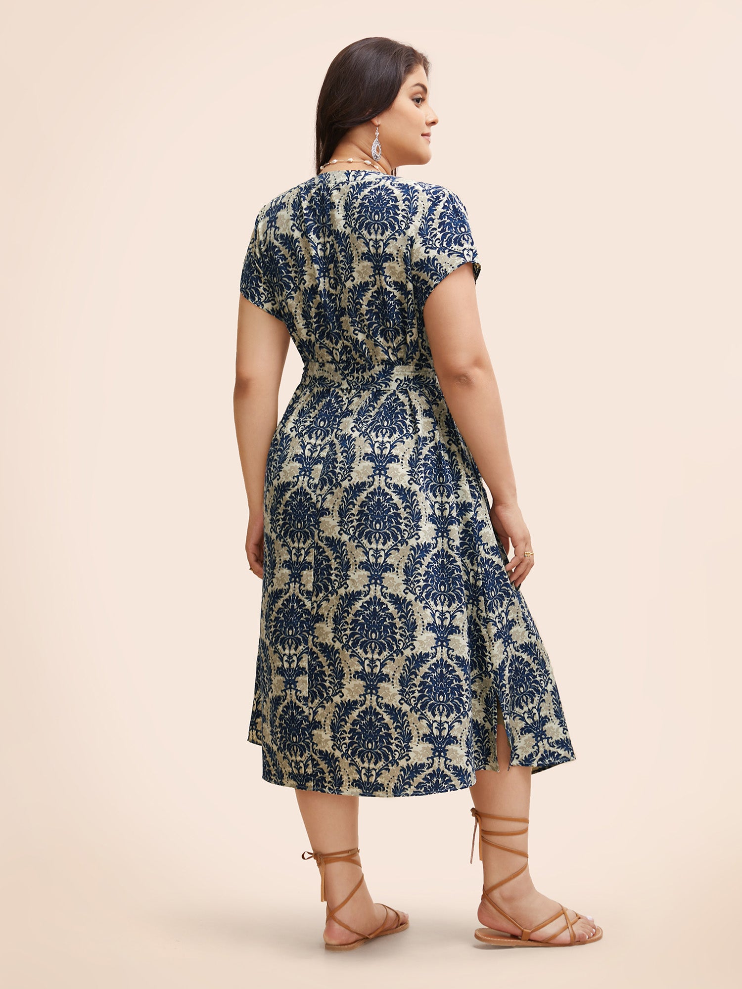 Boho Print Cap Sleeve Belted Dress