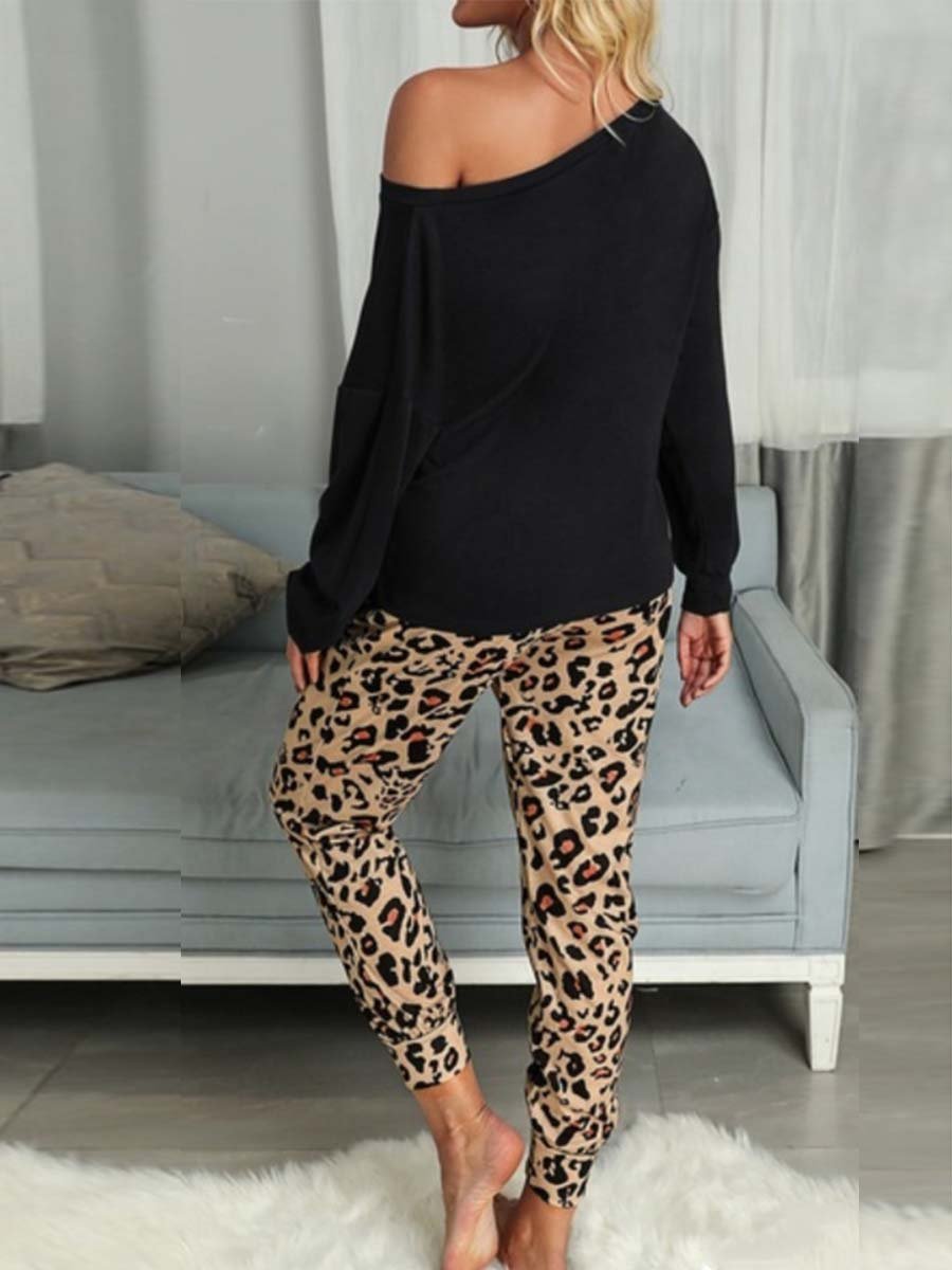 Leopard Pocket Off-shoulder Two Sets