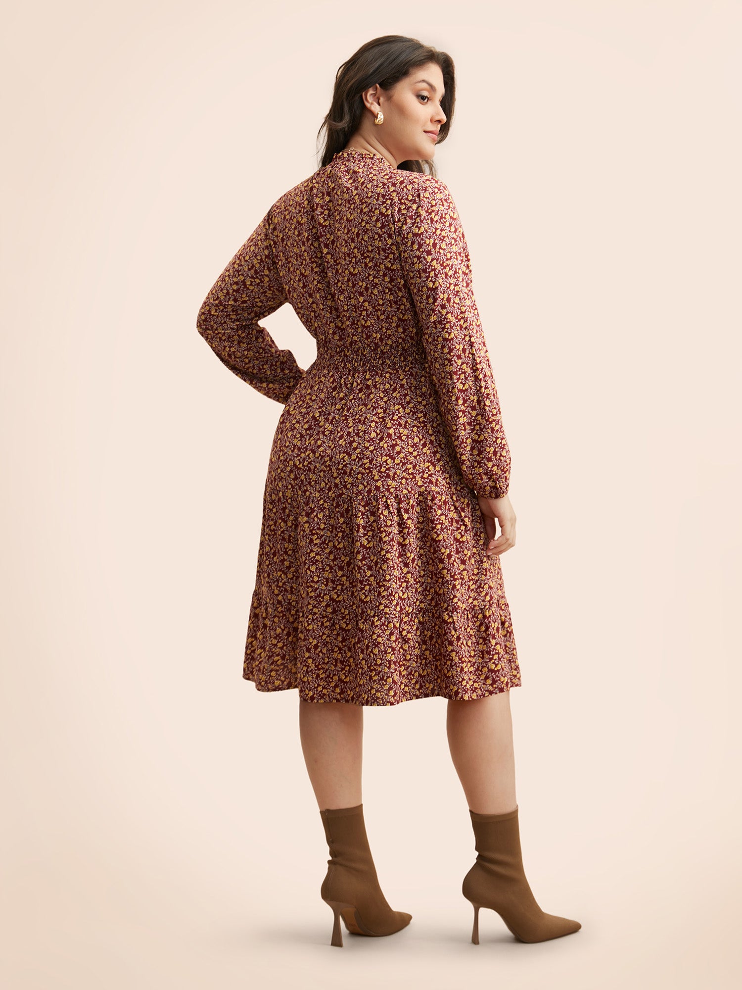 Ditsy Floral Shirred Frill Trim Dress