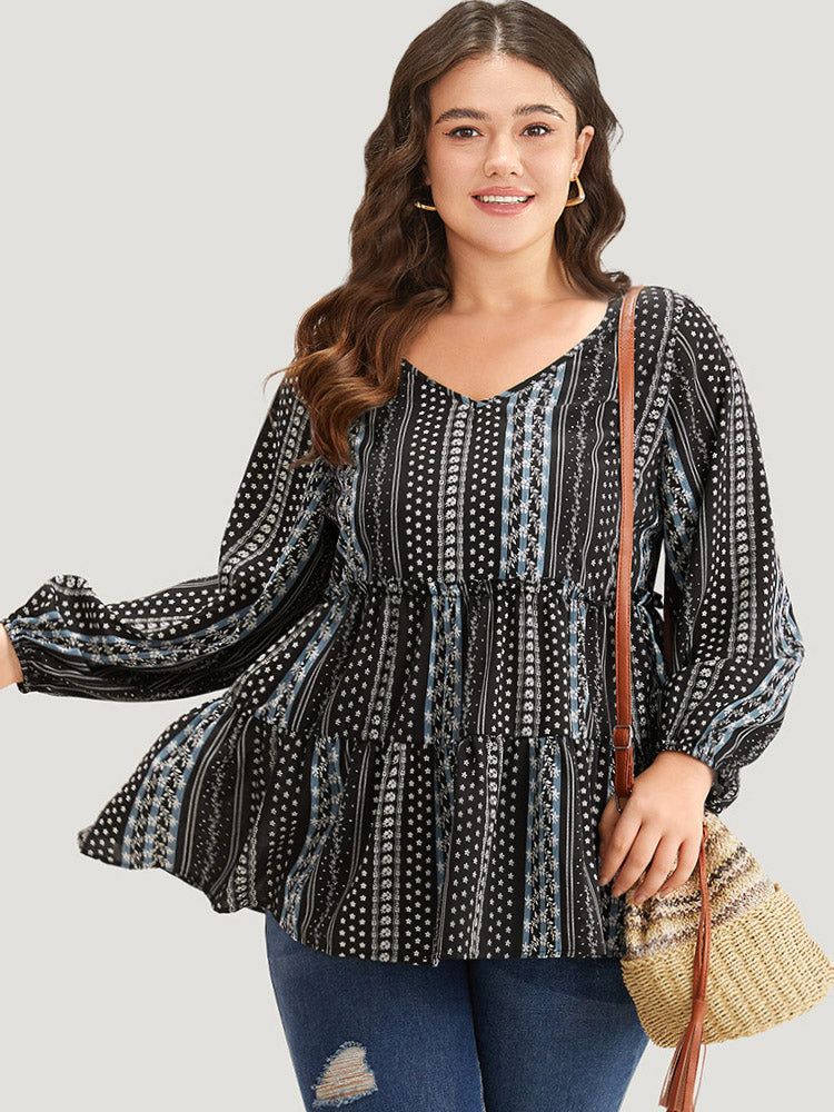 Boho Print Frill Trim Ruffle Layered Hem Blouse