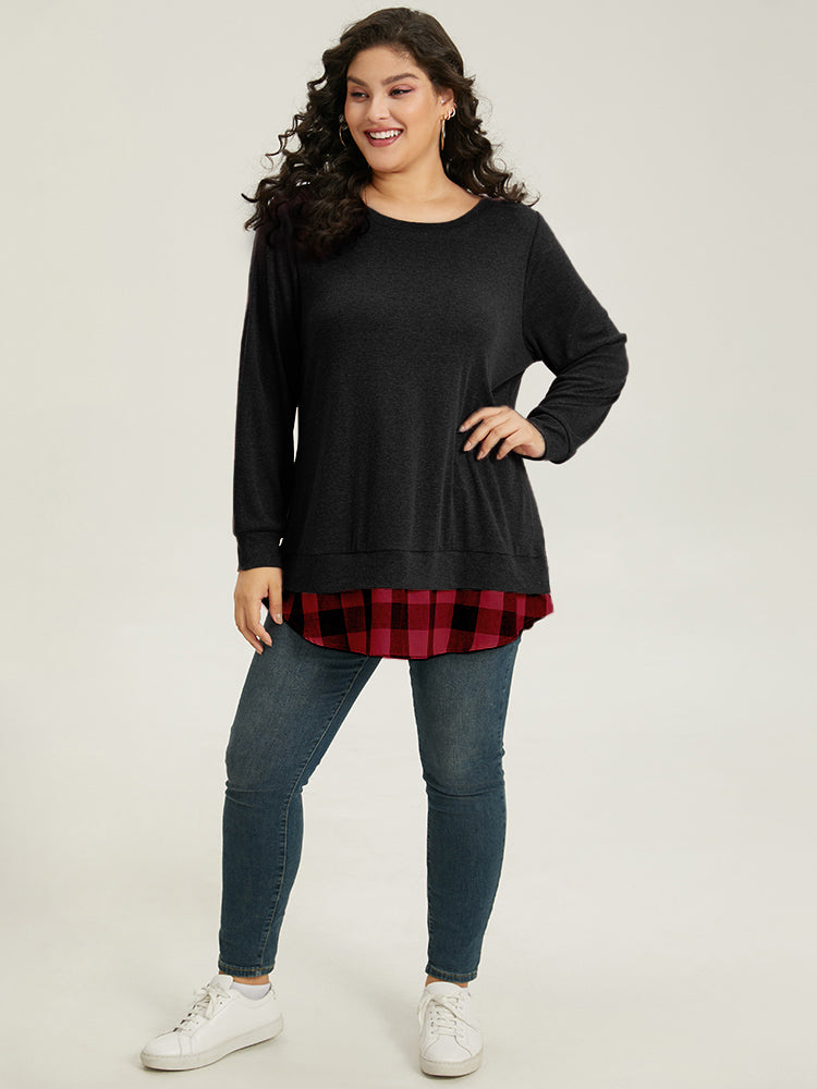 Heather Plaid Patchwork Crew Neck T-shirt