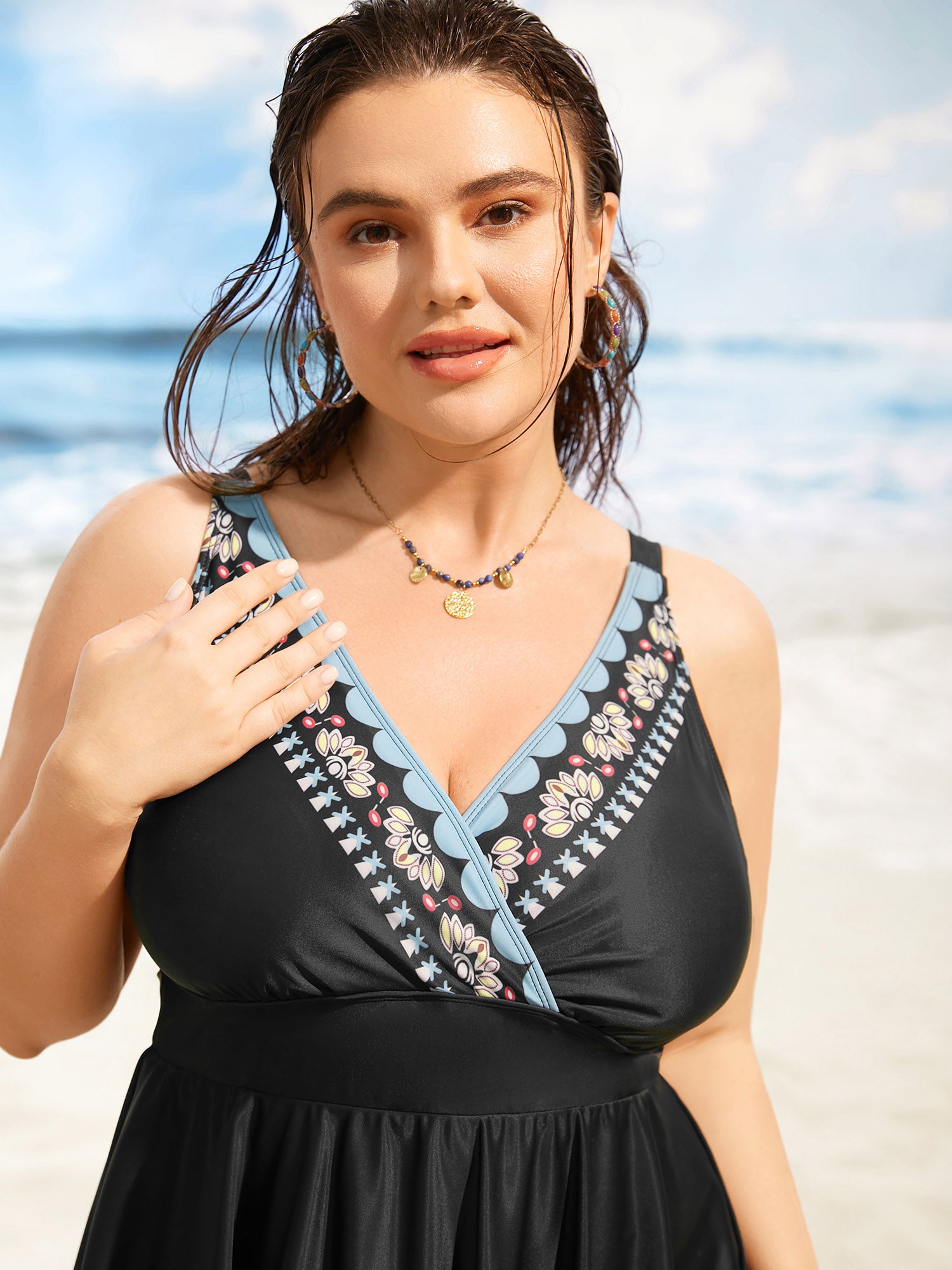 Overlap Collar Boho Print Hanky Hem Swim Dress