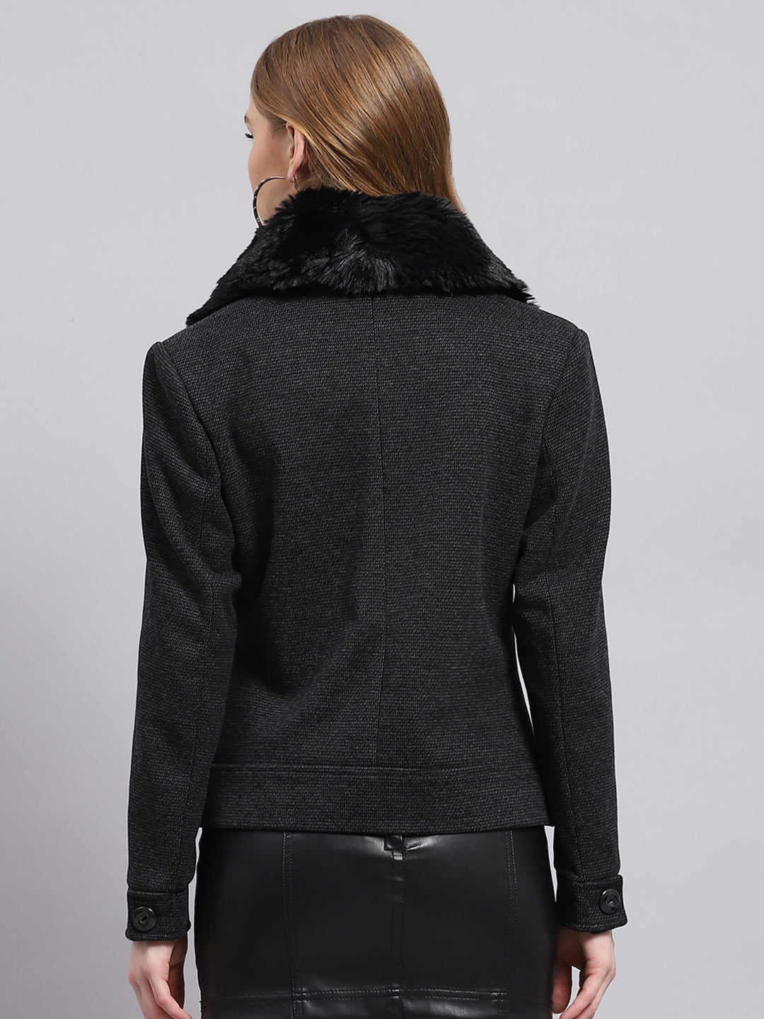 Women Black Solid Collar Full Sleeve Coat