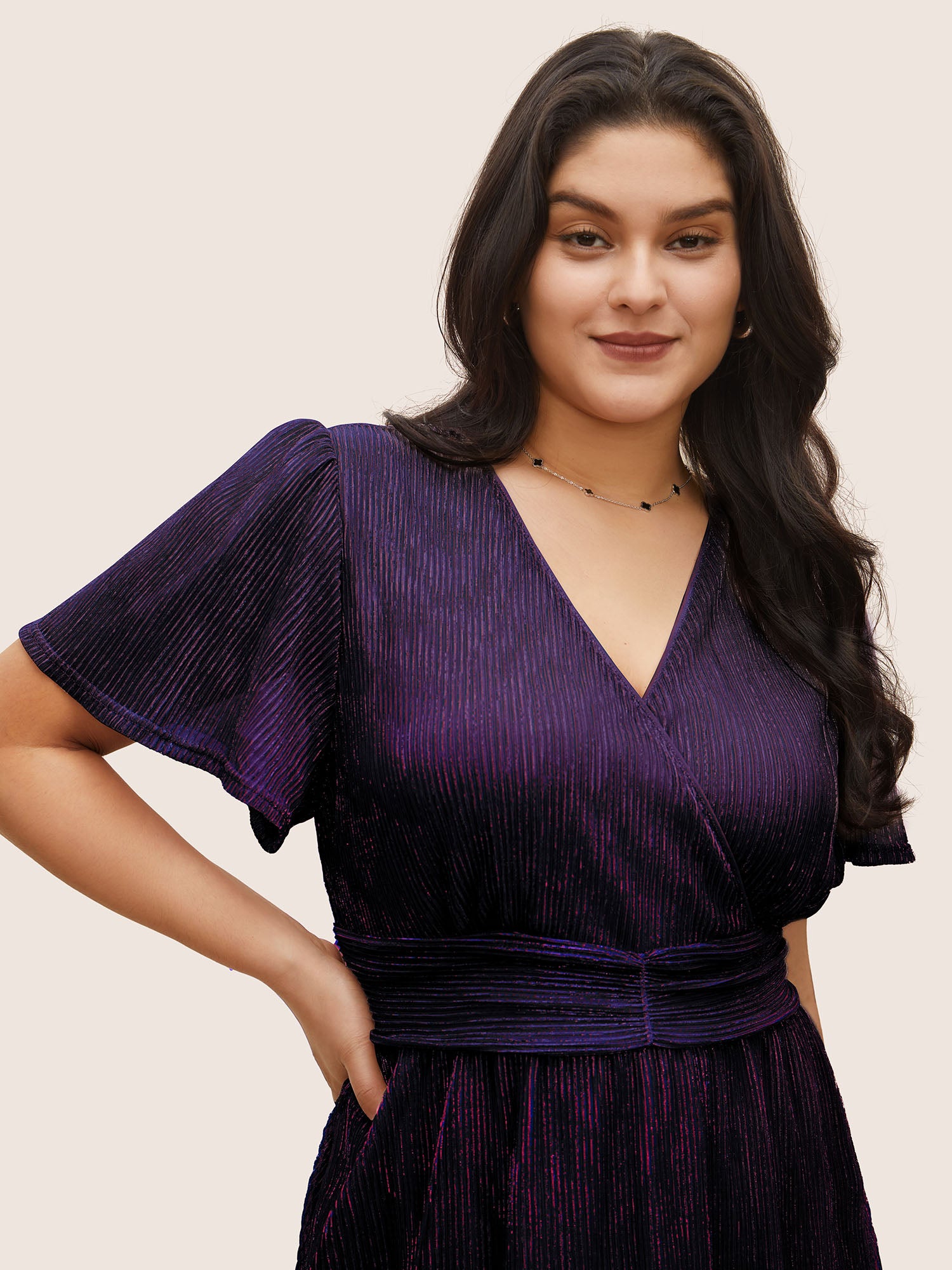 Glitter Mesh Surplice Neck Ruffle Sleeve Pocket Midi Dress