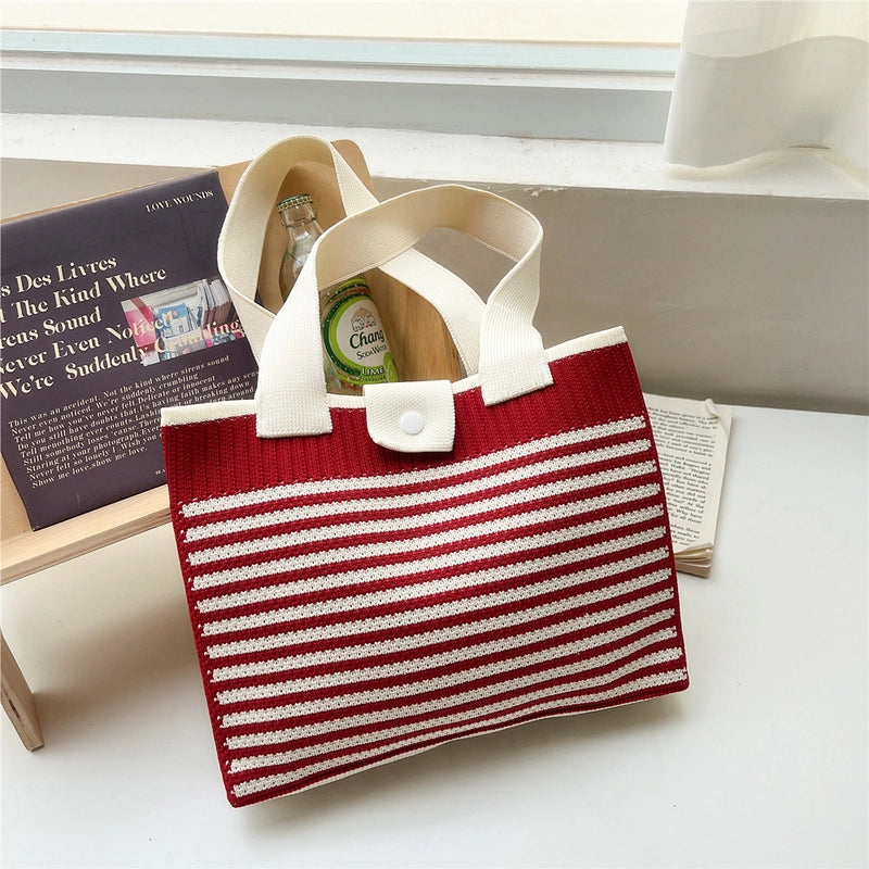Women's Medium Knit Stripe Classic Style Buckle Tote Bag