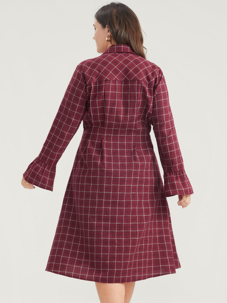 Gingham Pocket Button Up Bell Sleeve V Neck Dress Without Belt