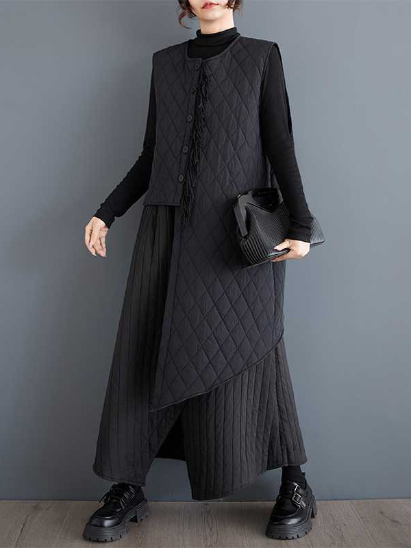 High Waisted Loose Asymmetric Elasticity Pockets Quilted Solid Color Skirts Bottoms
