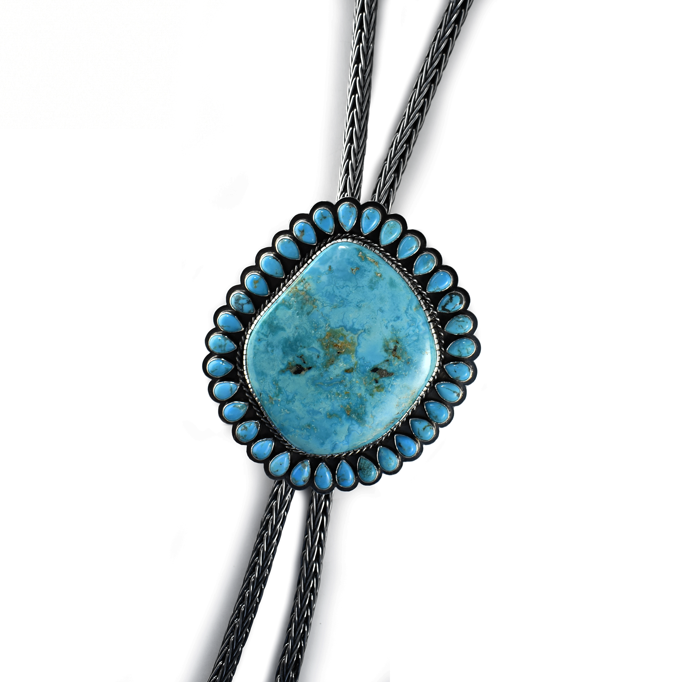 Natural Blue Ridge Turquoise Bolo with Braided Silver Tassels by Teller Indian Jewelry