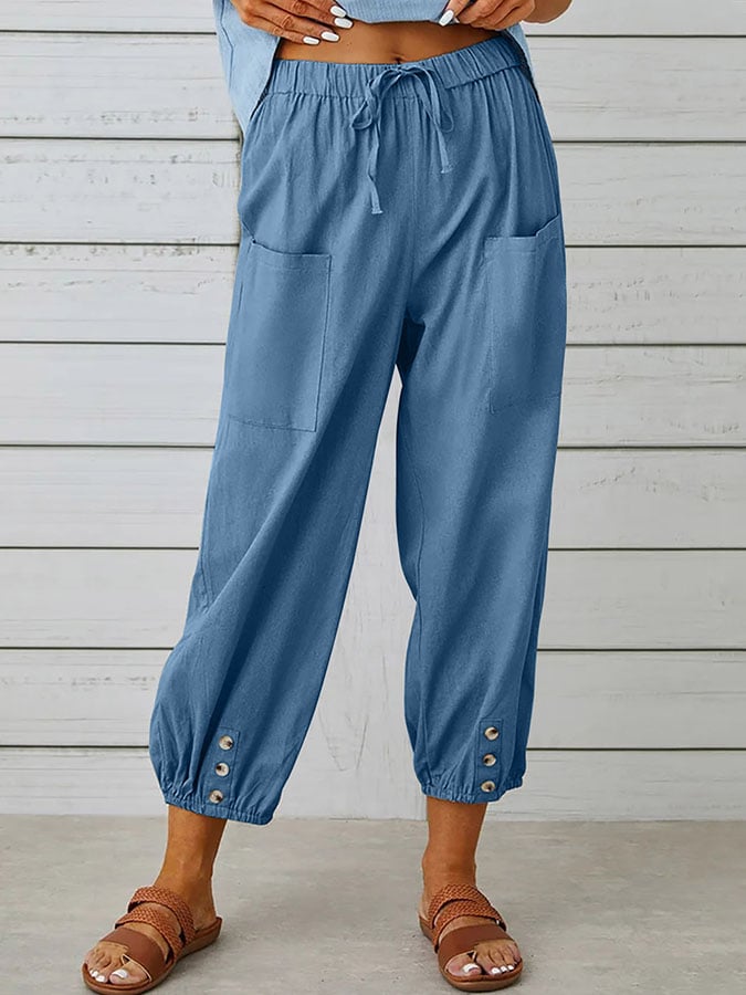 Solid Color Casual With Pocket Buttons Cotton Linen Trousers