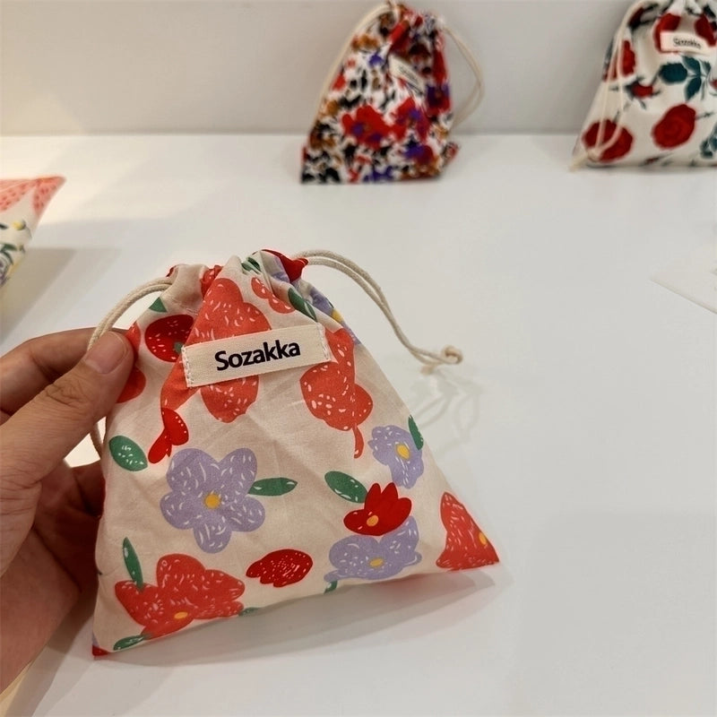 Women's Small Cotton Flower Streetwear String Cosmetic Bag