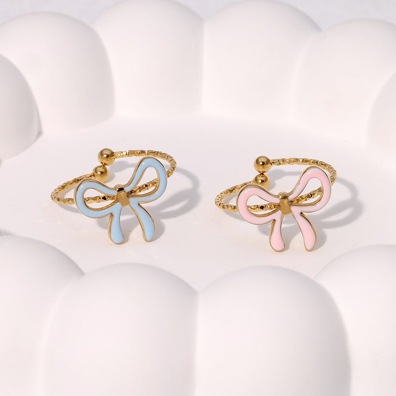 Fashionable Simple Cute Sweet Ins-Style Gold-Plated Bow-Knot Open Stainless Steel Ring Jewelry For Women