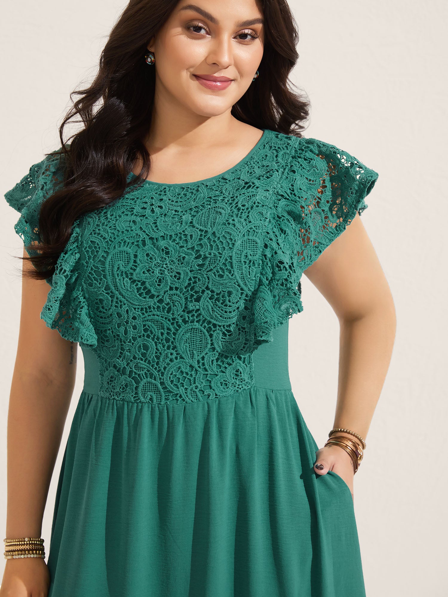 Lace Pleated Ruffled Sleeve Midi Dress