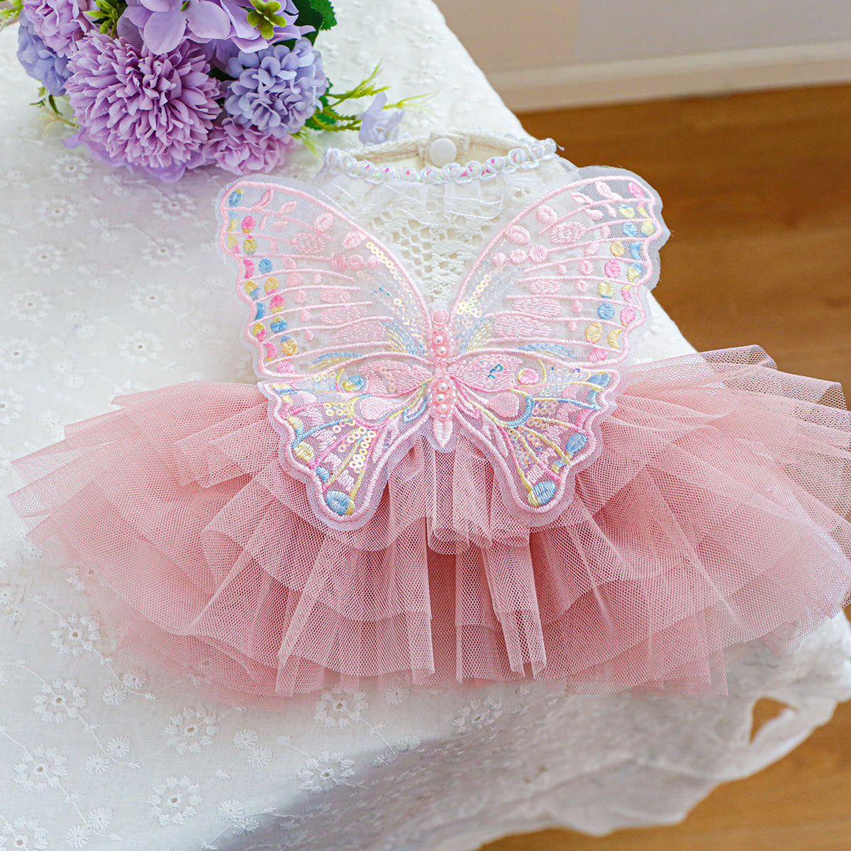 Colorful Butterfly Layered Dog Cat Lace Dress