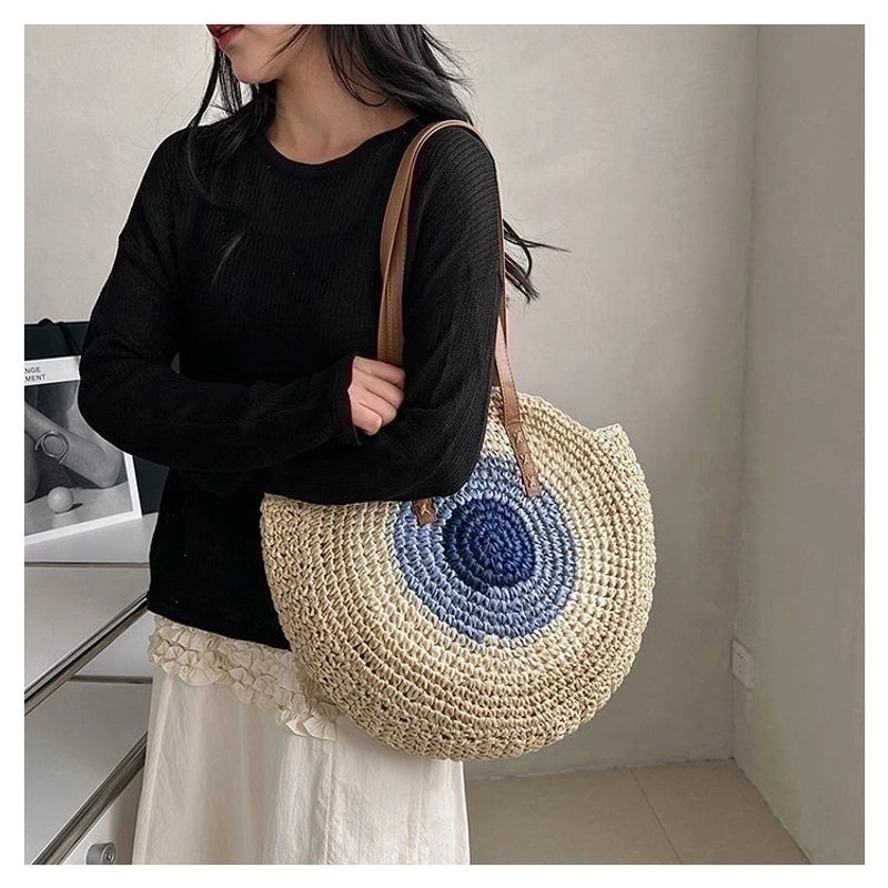Women's Straw Color Block Basic Round Zipper Shoulder Bag