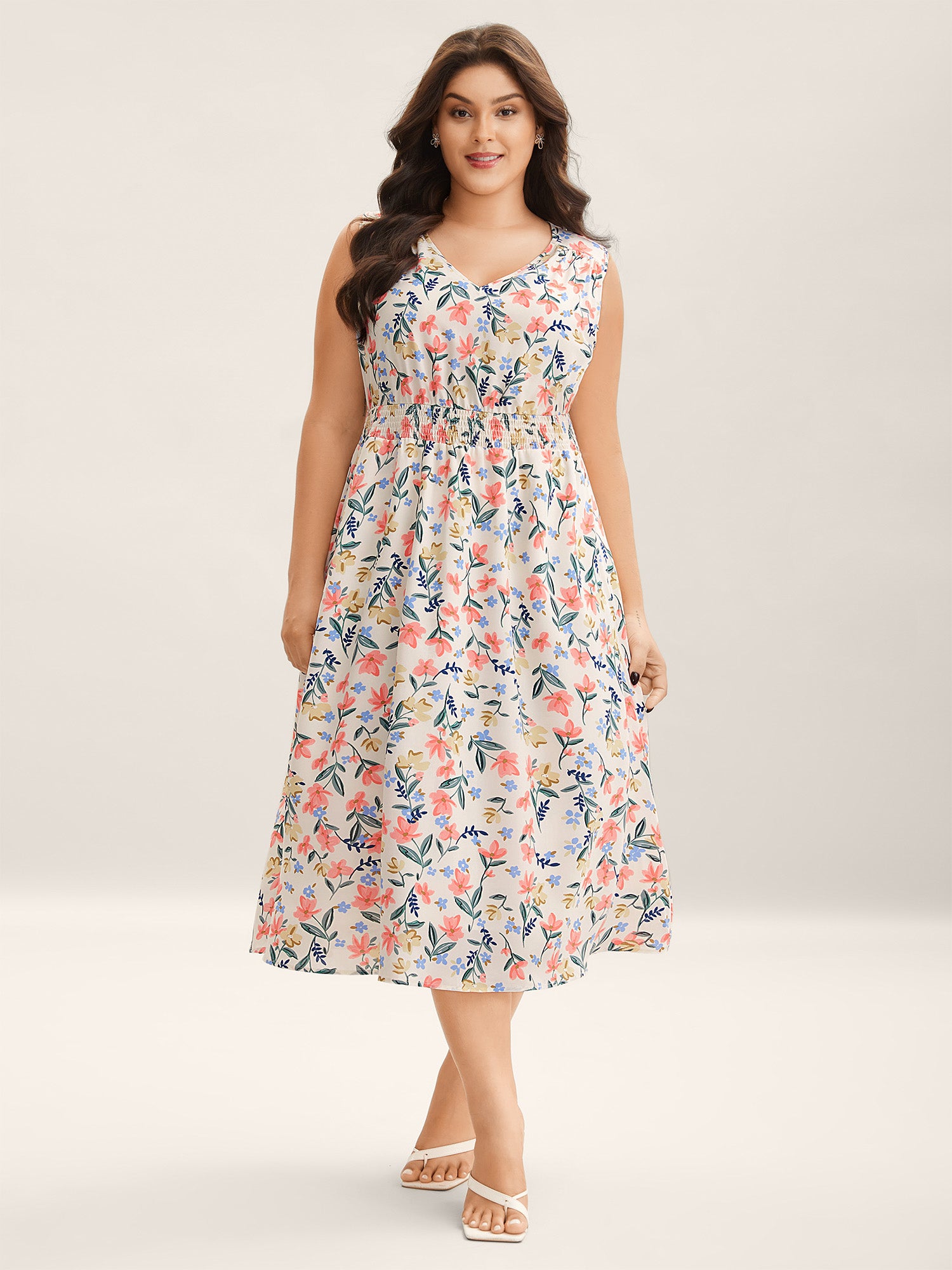 Shirred Waist Floral Print Pockets Midi Dress