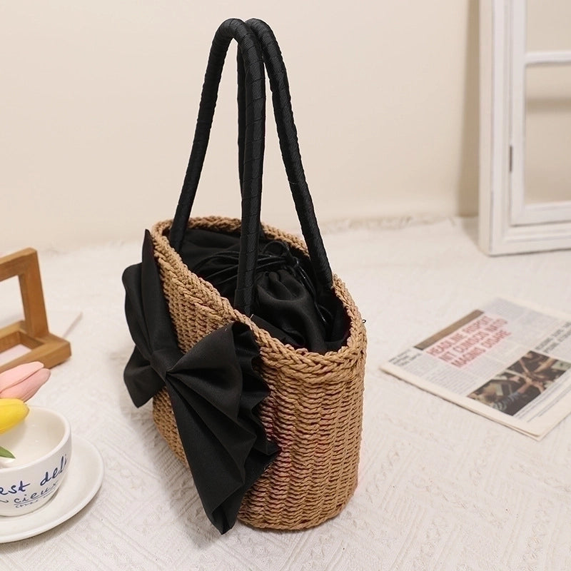 Women's Medium Straw Bow Knot Vintage Style Square String Straw Bag