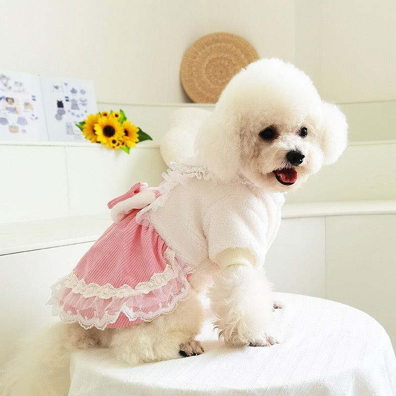 Fleece Bowknot Lace Collar Dog Cat Dress Coat