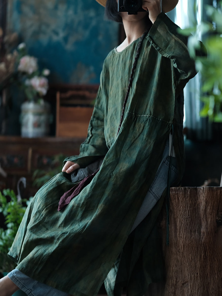 Women Vintage Pure Color Linen O-Neck Dress