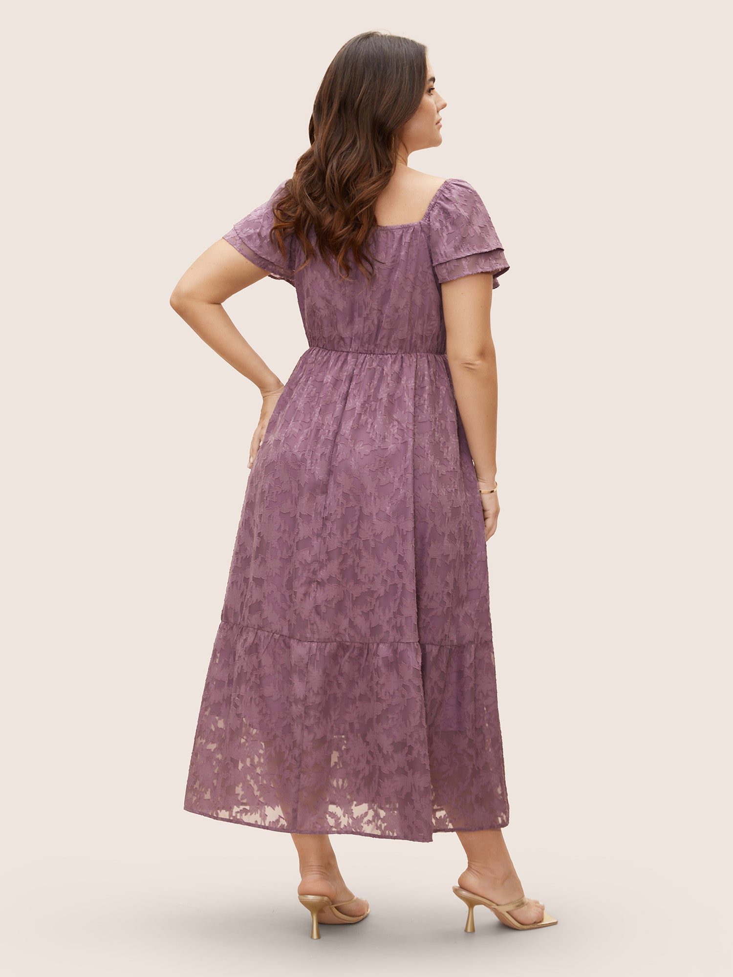 Heart Neckline Jacquard Tiered Ruffle Sleeve Dress