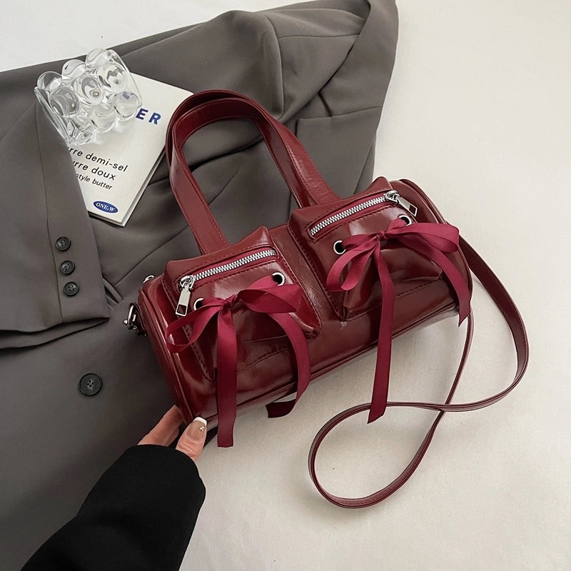Women's Pu Leather Solid Color Bow Knot Classic Style Cylindrical Zipper Crossbody Bag