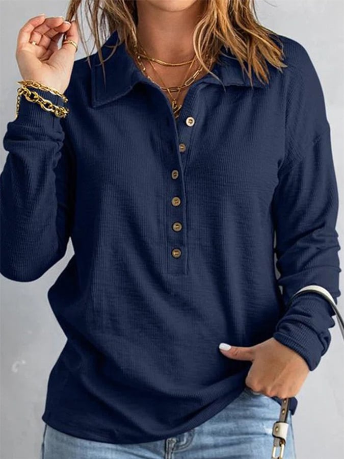 Polo Neck Solid Color Loose Fitting Casual Long Sleeved Knit Shirt