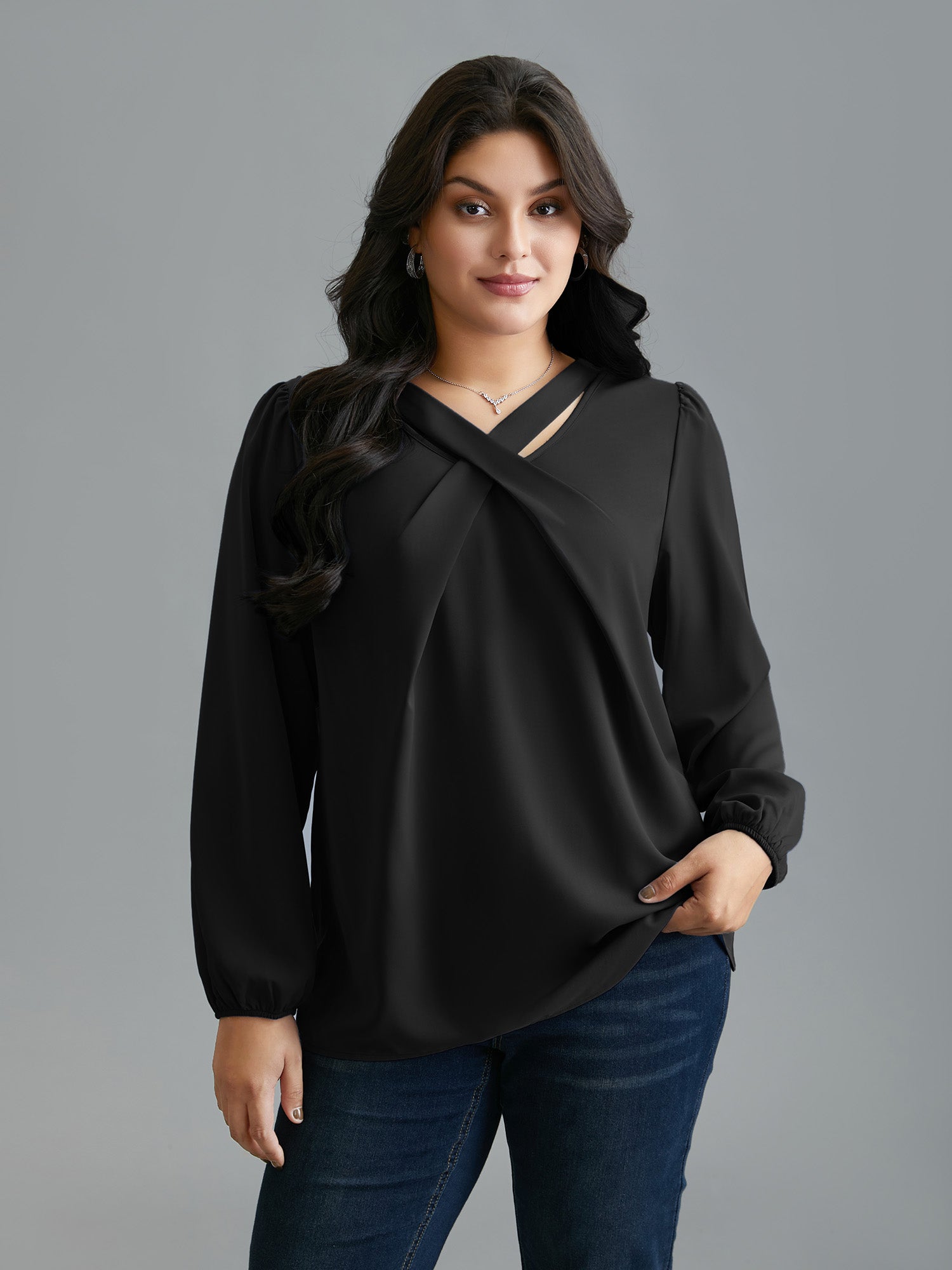 Criss Cross Neckline Puff Sleeve Gathered Blouse