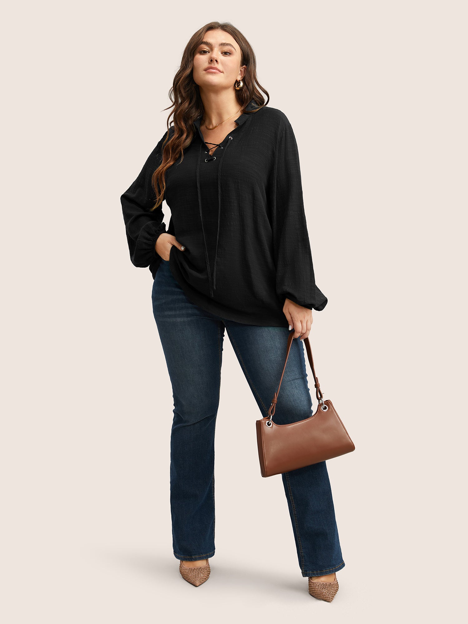 Plain Lace Up Lantern Sleeve Blouse