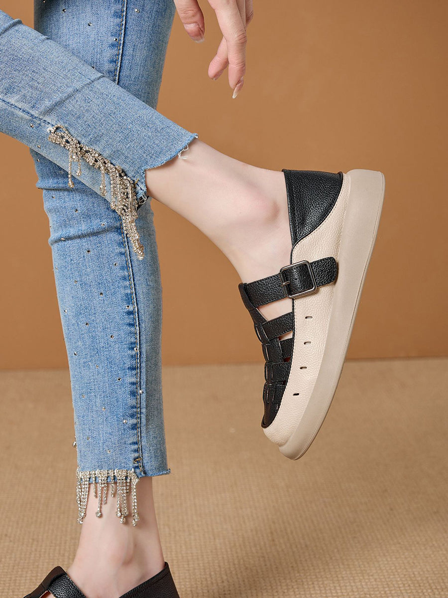 Women Casual Summer Genuine Leather Weave Flat Shoes