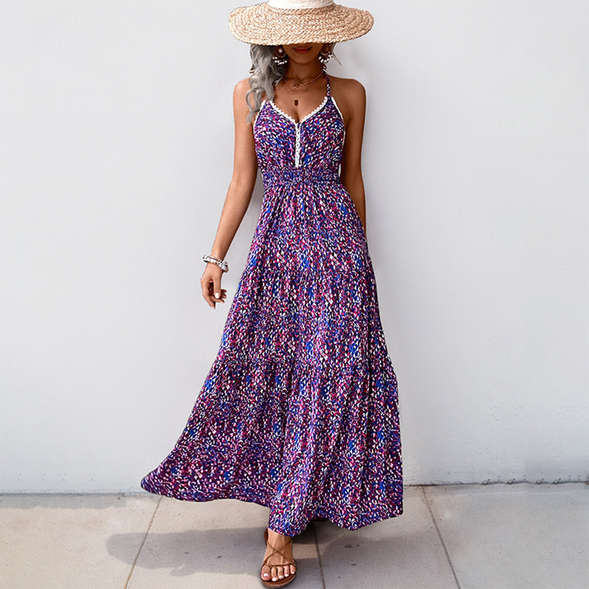 Fashion Printed V Neck Patchwork Dress