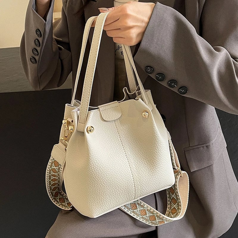 Women's Large Pu Leather Solid Color Basic Bucket Magnetic Buckle Shoulder Bag Handbag Crossbody Bag