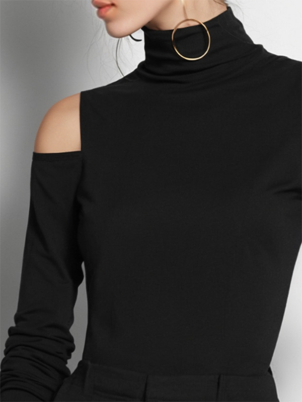 Long Sleeves Skinny Hollow Solid Color Cold Shoulder T-Shirts Tops