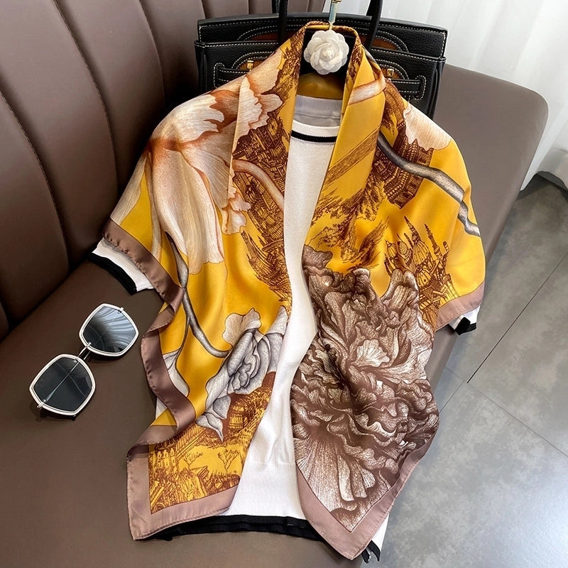 Fashion Light Luxury 90cm Simulation Silk Scarf Simple Striped Large Square Scarf