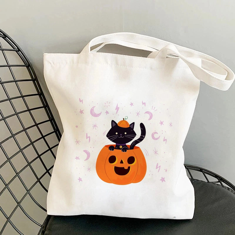 Halloween Unisex Canvas Animal Pumpkin Letter Streetwear Square Open Shoulder Bag Canvas Bag