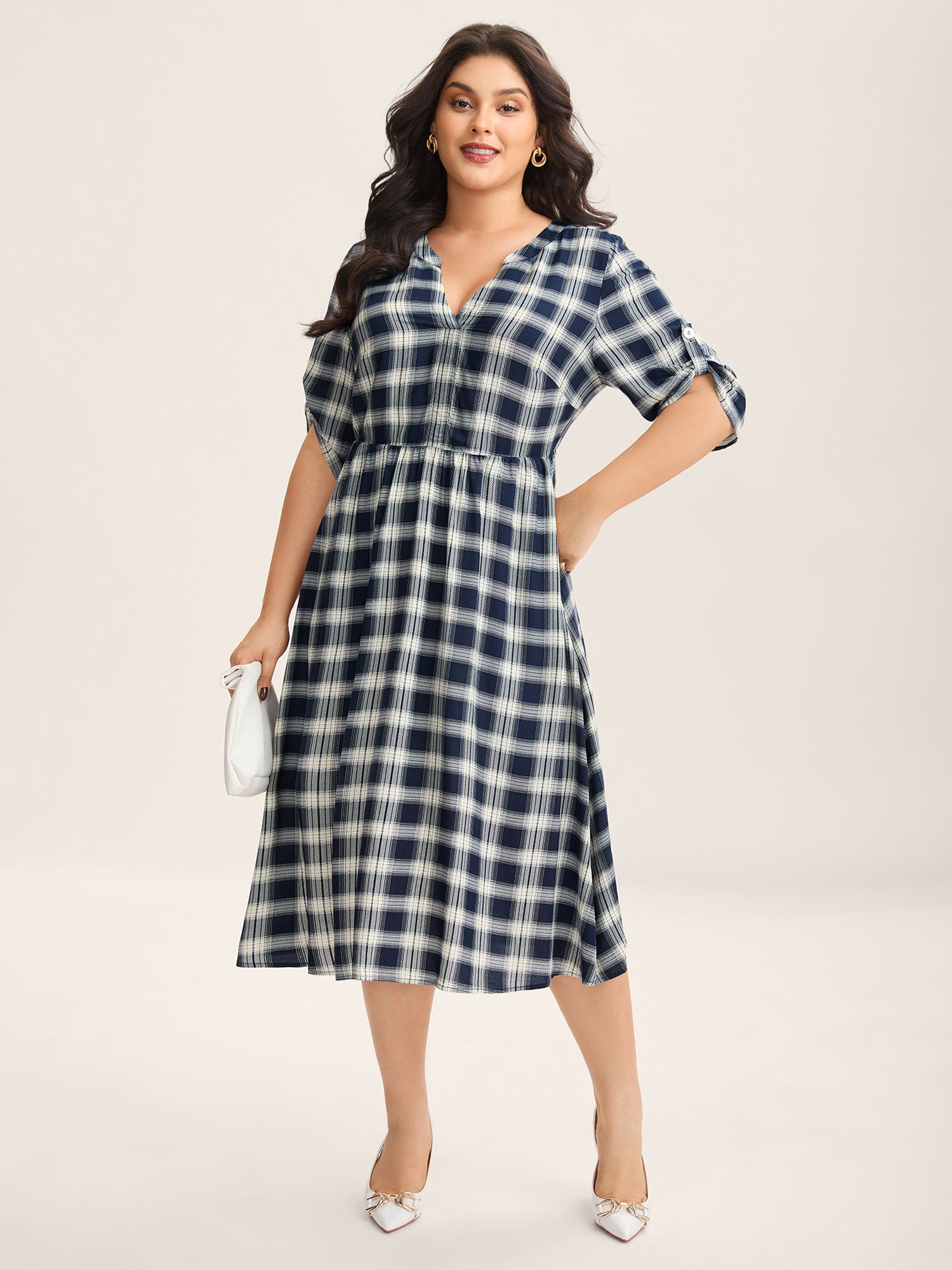 Plaid Pattern Tab Sleeve Pockets Midi Dress