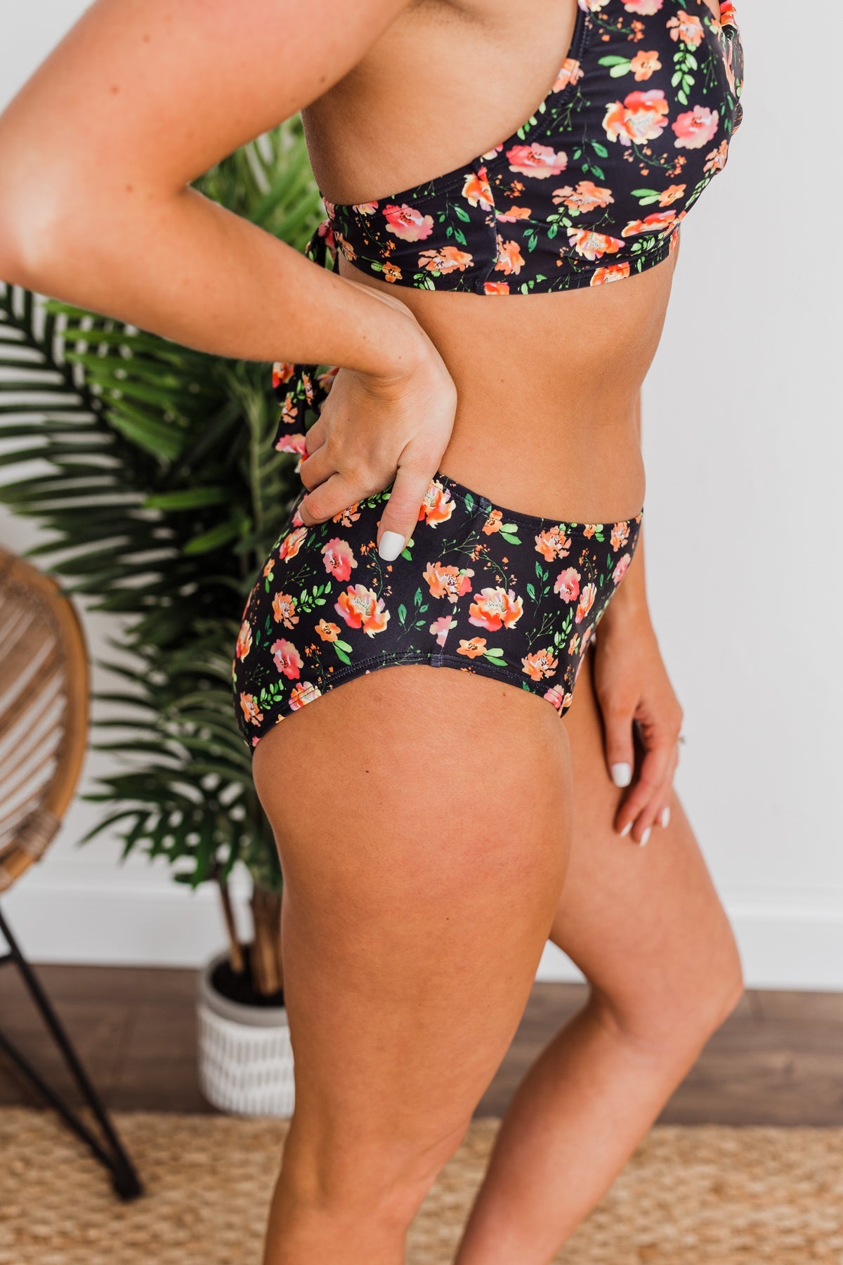 Bask In The Sun Mid-Rise Swim Bottoms- Black & Orange Floral