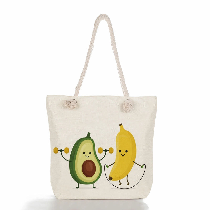 Women's Medium Linen Fruit Cute Classic Style Square Zipper Tote Bag Beach Bag