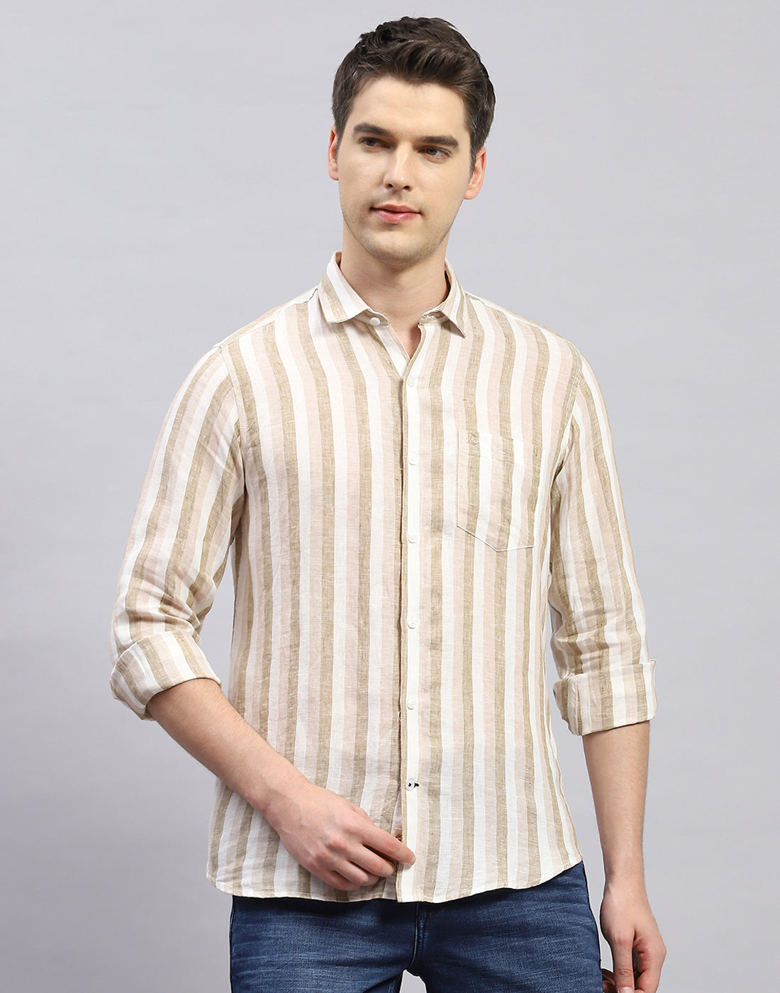 Men Brown Stripe Collar Full Sleeve Shirt