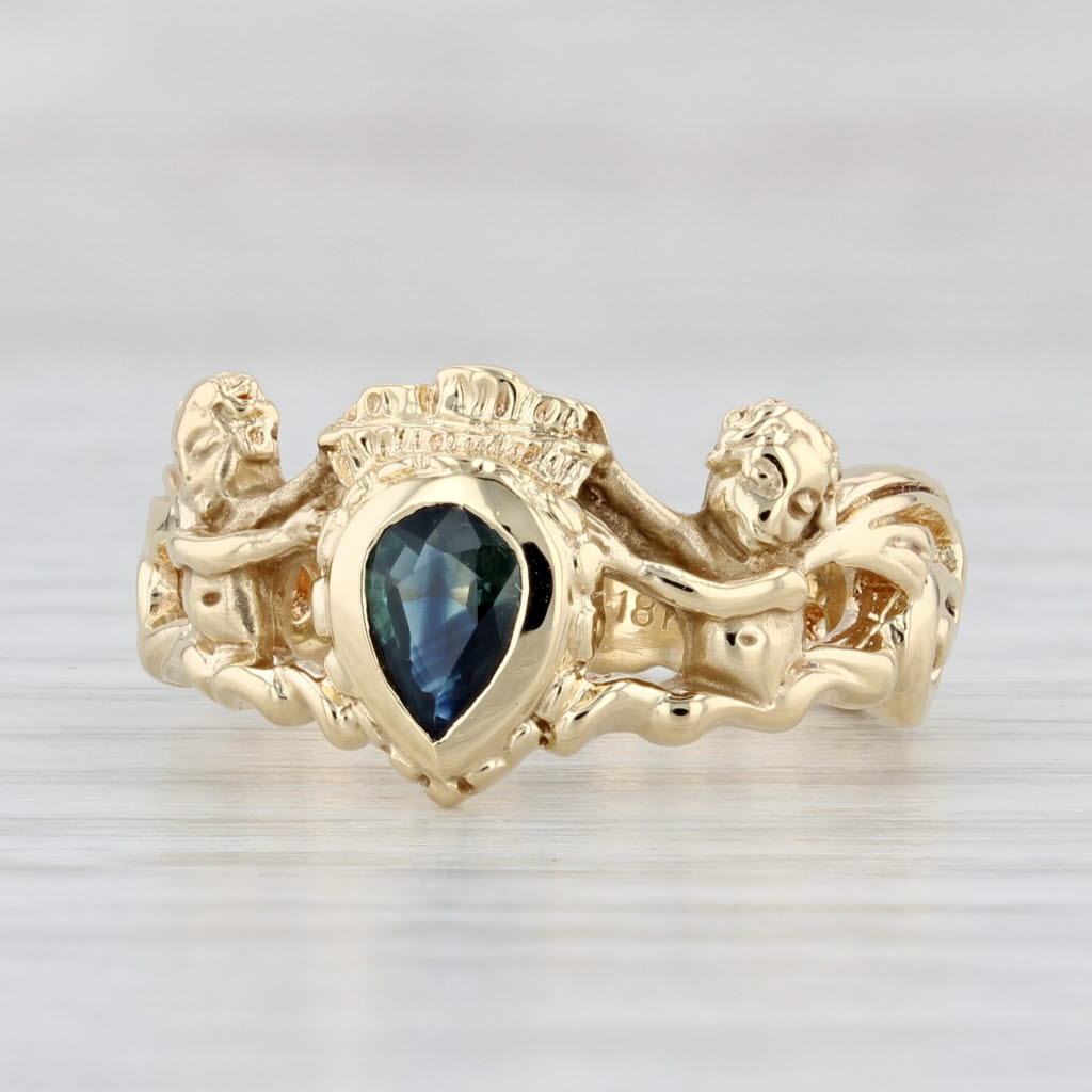 0.41ct Blue Sapphire Teardrop Ring 18k Yellow Gold Size 7 Heraldic Cherubs